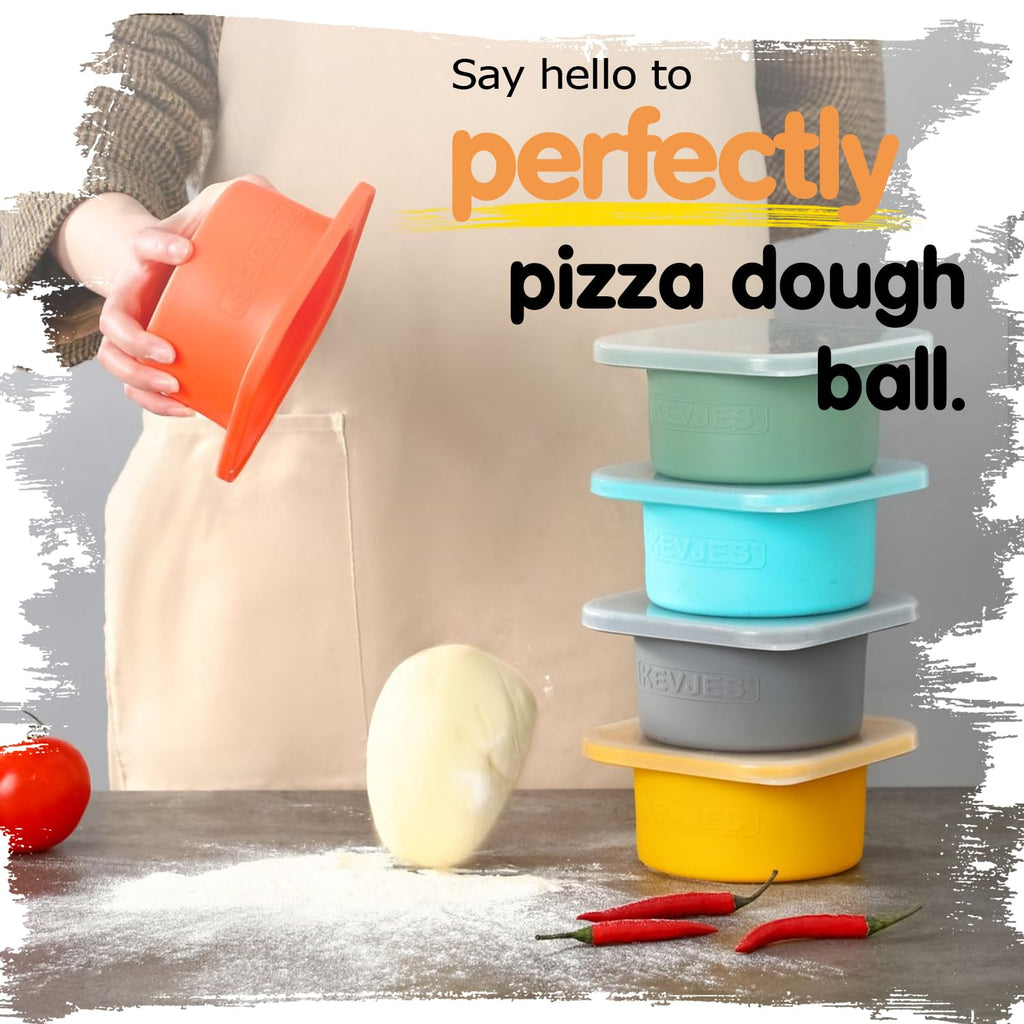KEVJES PLUS Large 1000ml Pizza Dough Proofing Boxes for DIY Artisan Pizza, Food Grade Silicone Stackable Containers with Lids, Sturdy Reinforced Steel. Freezer, Fridge, Dishwasher Safe (4Green Plus)