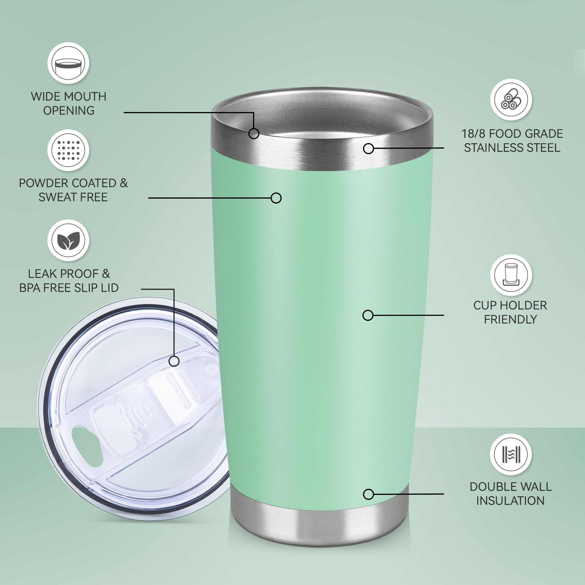 VQRRCKI 20 oz Tumbler Stainless Steel Tumblers Bulk with Lid Double Wall Insulated Coffee Tumbler Cups for Hot & Cold Drinks Powder Coated Travel Coffee Tumbler Mug Metal (Jade, 12 pack)