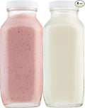 kitchentoolz 16oz Square Glass Milk Bottles with Airtight Plastic Lids – Pack of 4 | Reusable Milk Containers for Fridge & Lunchbox Storage – Ideal for Dairy, Smoothies, Juice, Water & More