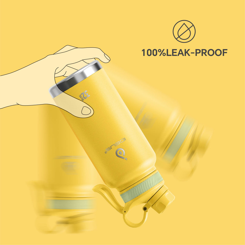 IDEUS 32oz Stainless Insulated Bottle with 2 Leak-Proof Lids, Bright Yellow