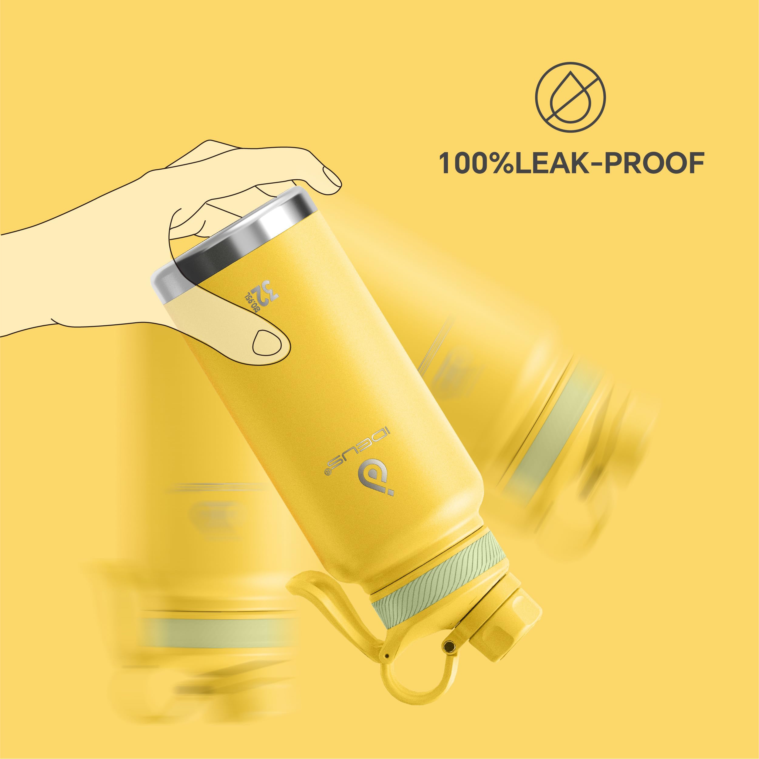 IDEUS 32oz Stainless Insulated Bottle with 2 Leak-Proof Lids, Bright Yellow
