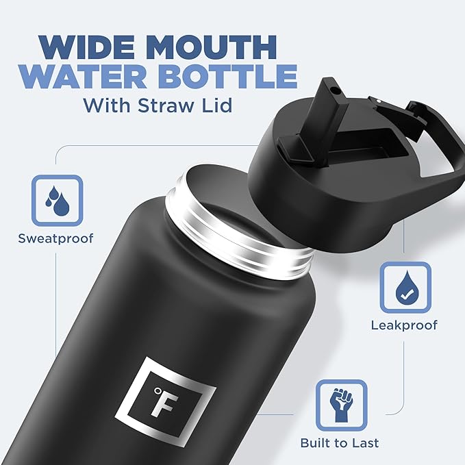 IRON °FLASK Camping & Hiking Hydration Flask with 3 Lids - Stainless Steel, Double Walled & Vacuum Insulated Water Bottle - Leak Proof & BPA Free (Cobalt, Straw - 40 oz)