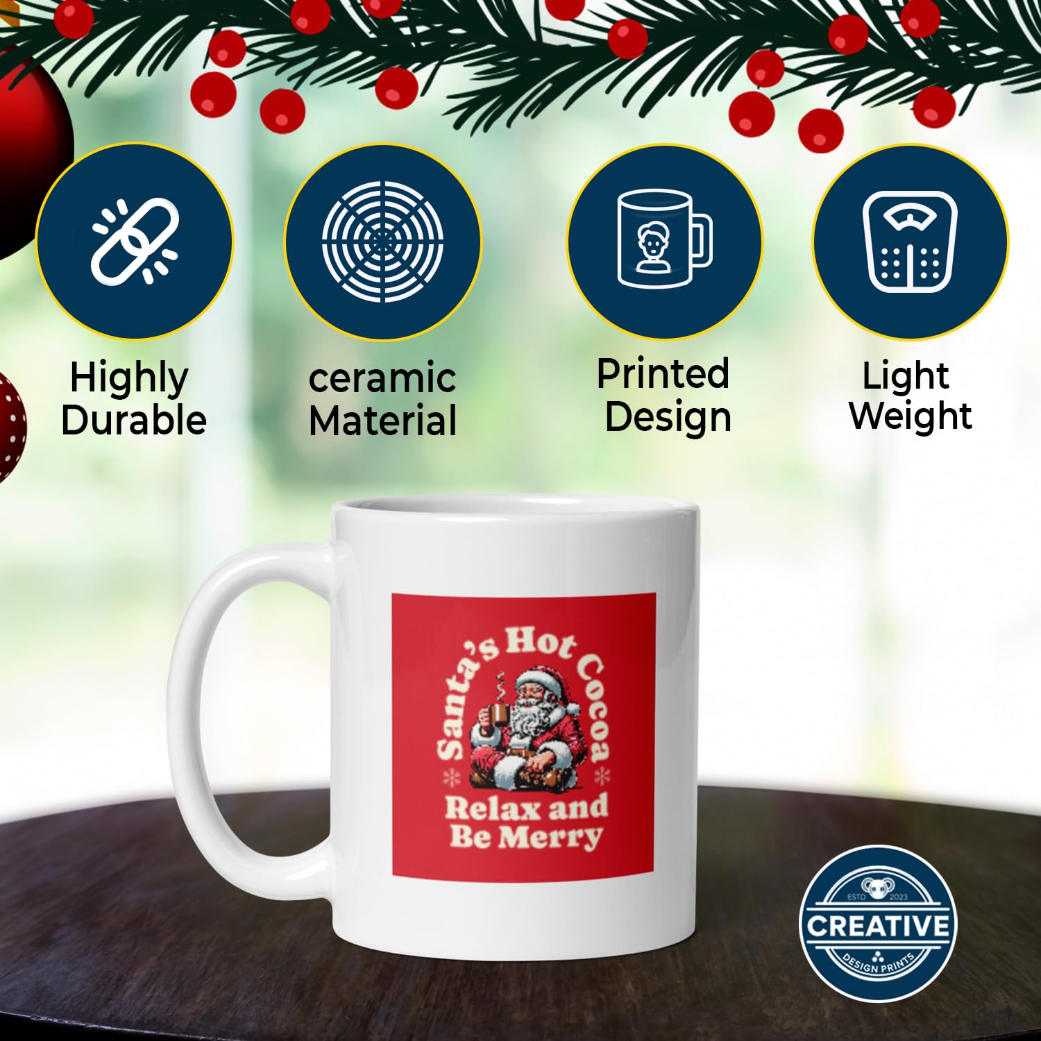 CREATIVE DESIGN PRINTS 11 oz Christmas Hot Chocolate Mug – Christmas-Themed Ceramic Coffee Cup, Holiday Novelty Drinkware, Festive Winter Gift