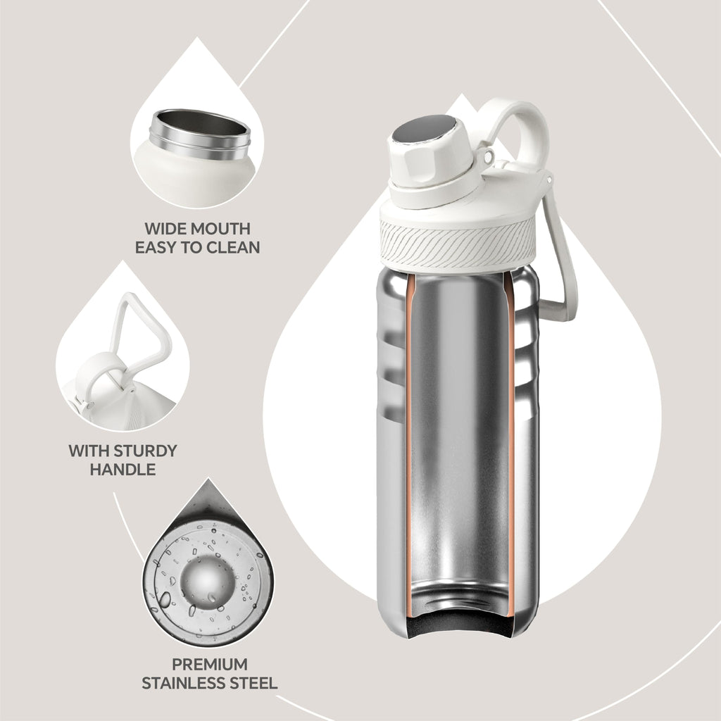 IDEUS 18oz Stainless Steel Insulated Bottle with 2 Leak-Proof Lids, White