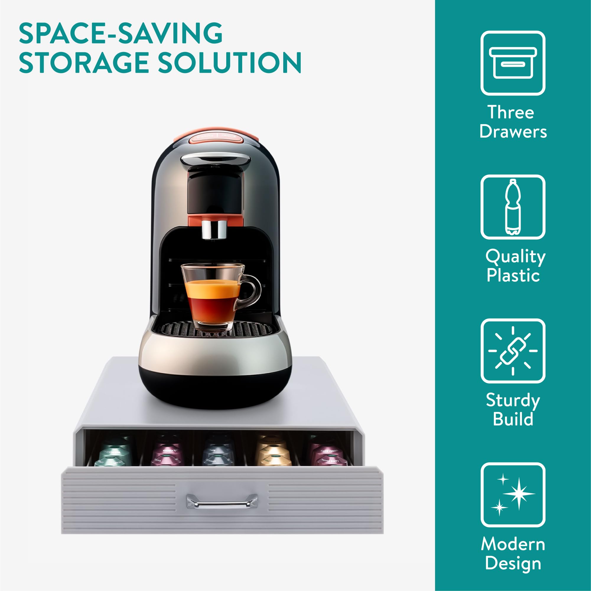 Navaris Coffee Pod Holder Drawer - 50 Capsule Storage Organizer Tray Counter Container - Fits Standard Sizes of Pods and Capsules - 1 Drawer Design - Gray