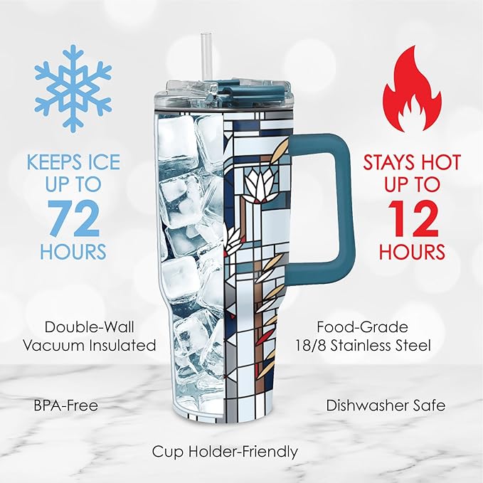 RainCaper 18/8 Stainless Steel Insulated Water Tumbler with Straw | 30oz, BPA-Free, Double Wall for Hot & Cold | Travel-Friendly, Cup Holder Ready (Frank Lloyd Wright Waterlilies)