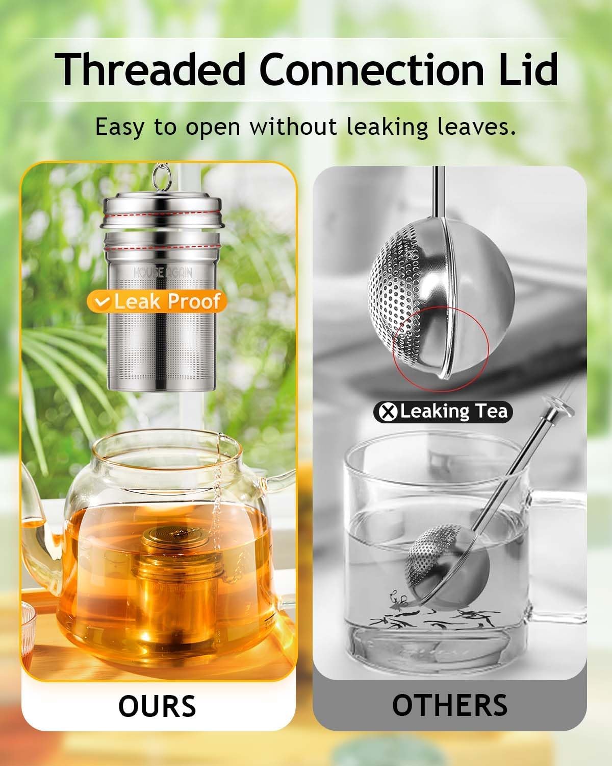 HOUSE AGAIN Tea Infuser (2 Pack with Scoop), Extra Fine Mesh Tea Infusers for Loose Tea, 18/8 Stainless Steel Tea Strainer with Extended Chain Hook, Tea Steeper for Brew Tea, Spices & Seasonings