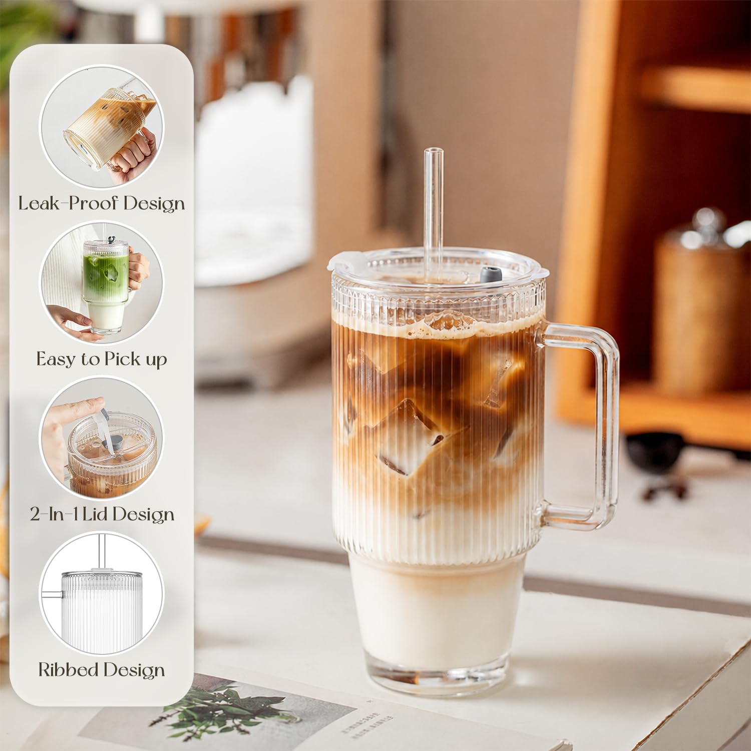KEMORELA 24 Oz Ribbed Glass Tumblers with Lids and Straws, Tumbler Cup with Handle, Iced Coffee Glassware, Clear Reusable Drinkware for Smoothies and Beverages (1)