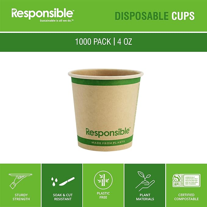 4 oz Paper Hot Cups, Tree-Less™ Compostable Paper Coffee Cups, Extra Strength, Tree-Free and Made Without PFAS, Natural Brown (1000 Count)