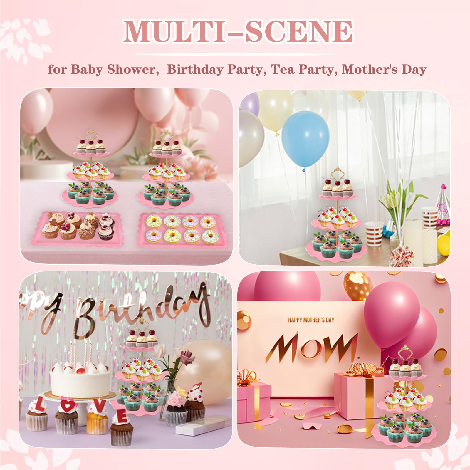 NAXIHOPT 5 Pcs Dessert Table Display Set, Pink Plastic 2 Pcs Round 3 Tier Cupcake Stand Cup Cake Tower Stand with Metal Rod & 3 Pcs Serving Tray for Baby Shower, Tea Party, Wedding, Birthday Party