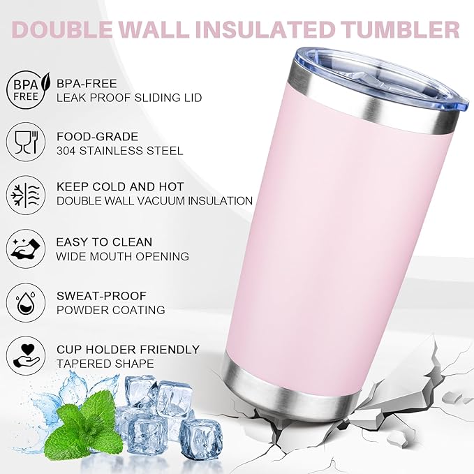 FristChoice 20oz Tumbler with Lid Double Wall Vacuum Insulated Travel Coffee Mug Stainless Steel Thermal Cup Powder Coated Sturdy Coffee Tumbler Bulk for Hot and Cold Beverage (Pink,1)