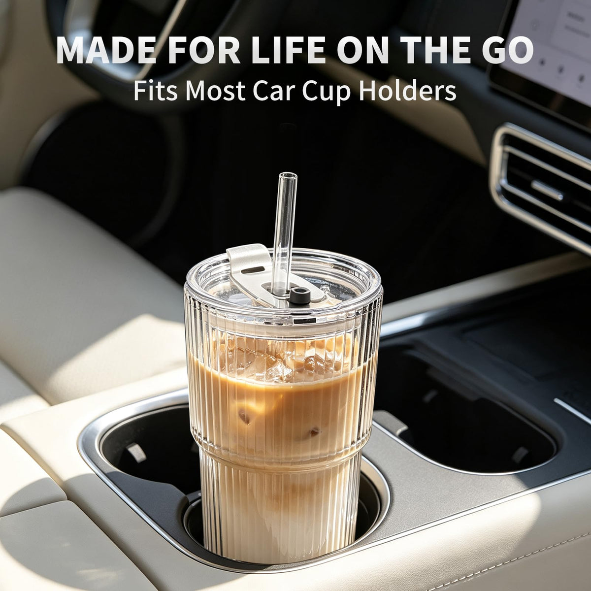 Salpae 20oz Iced Coffee Cups with Lids and Straws, Ribbed Glass Tumblers