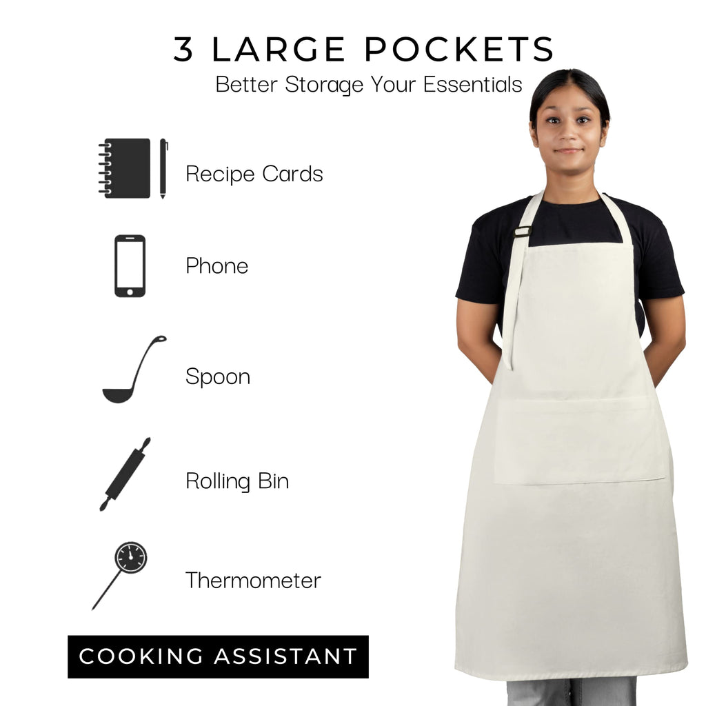 RAJRANG Chef Apron for Women Men with Pockets Cotton Kitchen Cooking Full Length Plain Aprons Marshmallow 35x27 Inches, Pack of 2