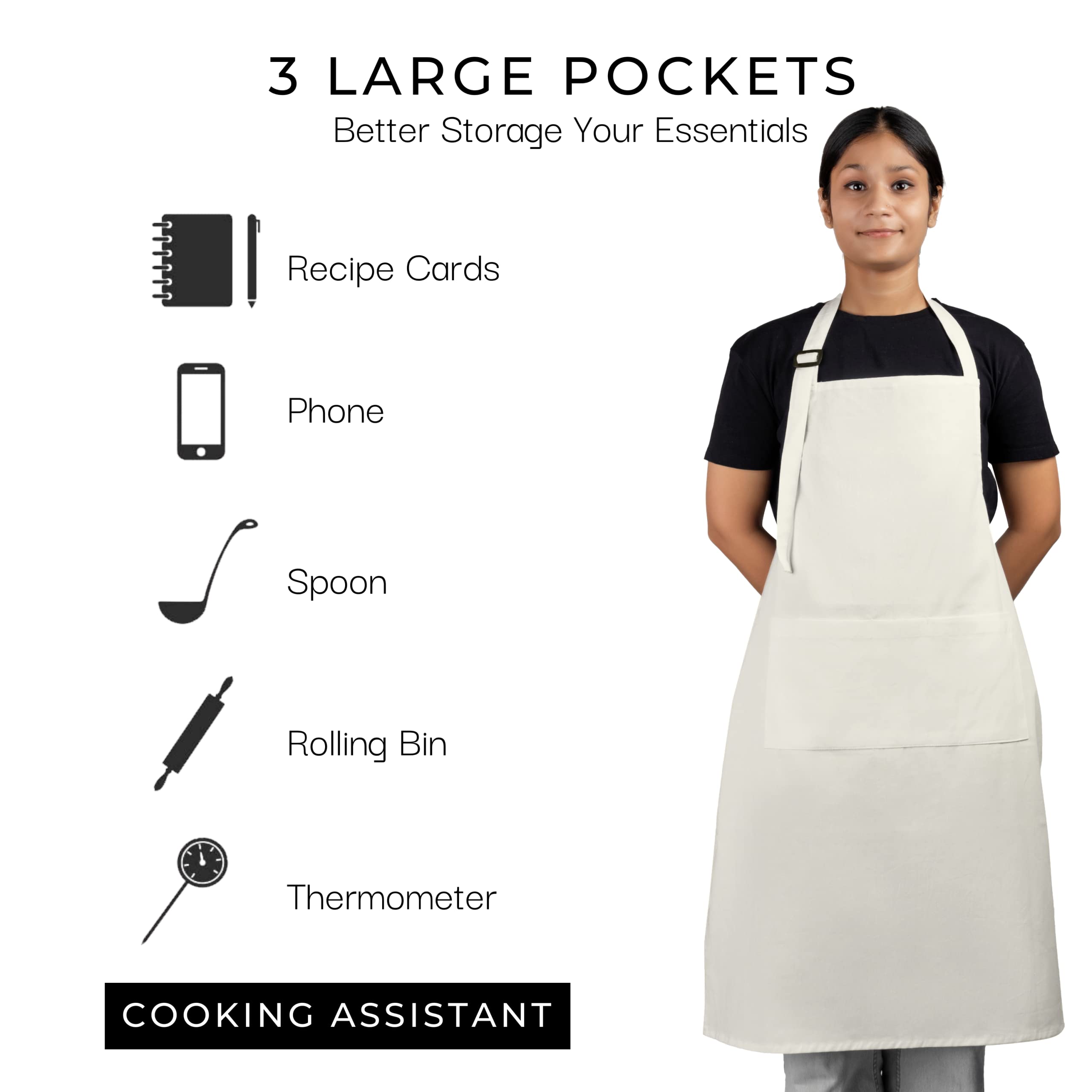 RAJRANG Chef Apron for Women Men with Pockets Cotton Kitchen Cooking Full Length Plain Aprons Marshmallow 35x27 Inches, Pack of 2