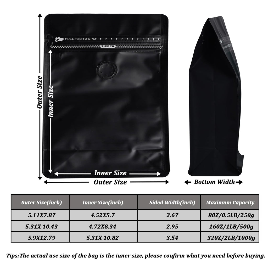 Coffee Bags with Valve (50 PCS,8oz/0.5lb) Black High Barrier Aluminum Foil Flat Bottom Standing Coffee Beans Storage Packaging Bags, Reusable Heat Seal Side Zipper Pouches for Small Business and Home