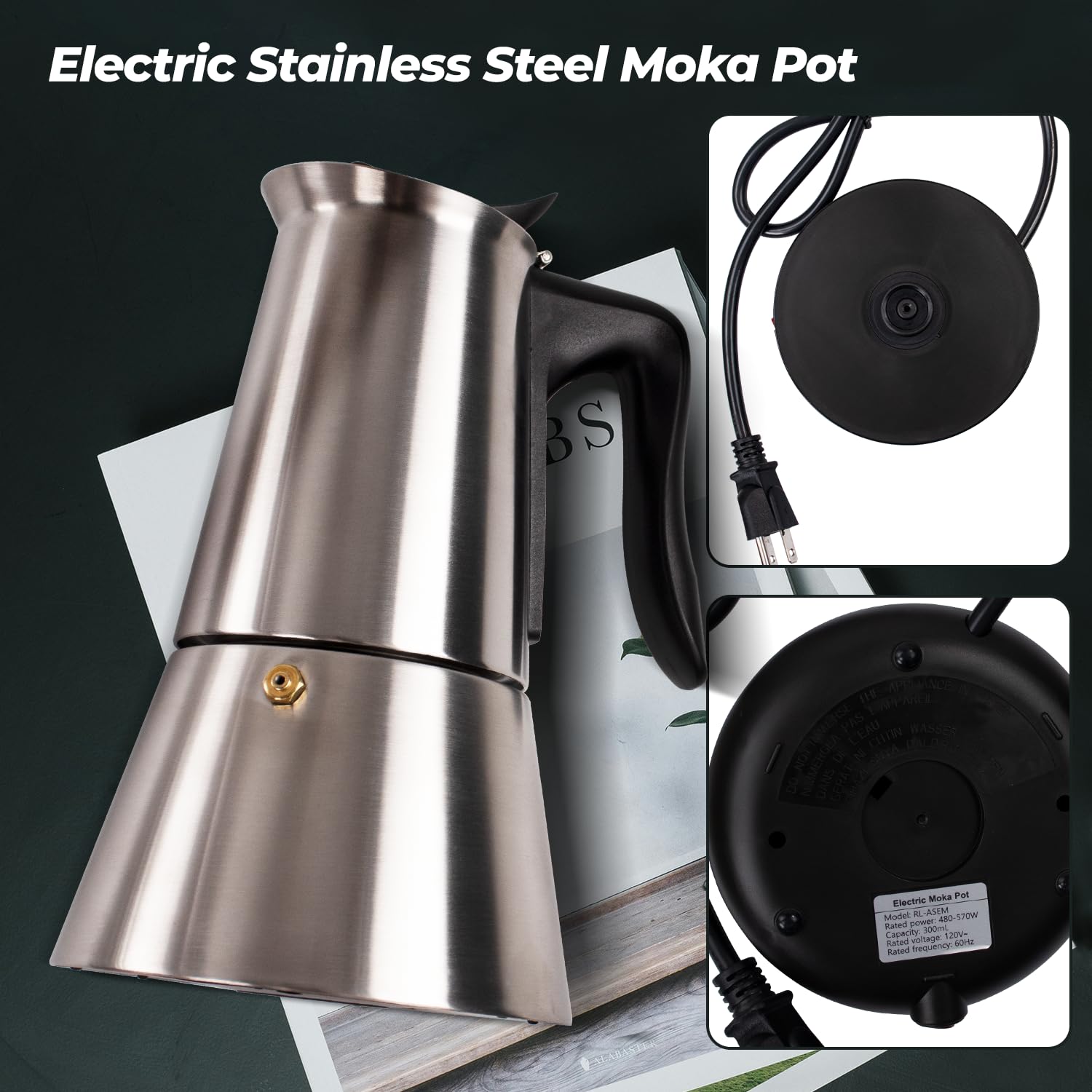 Vaolvpant Electric Stainless Steel Moka Pot 6 Cup 300ml Mocha Pot