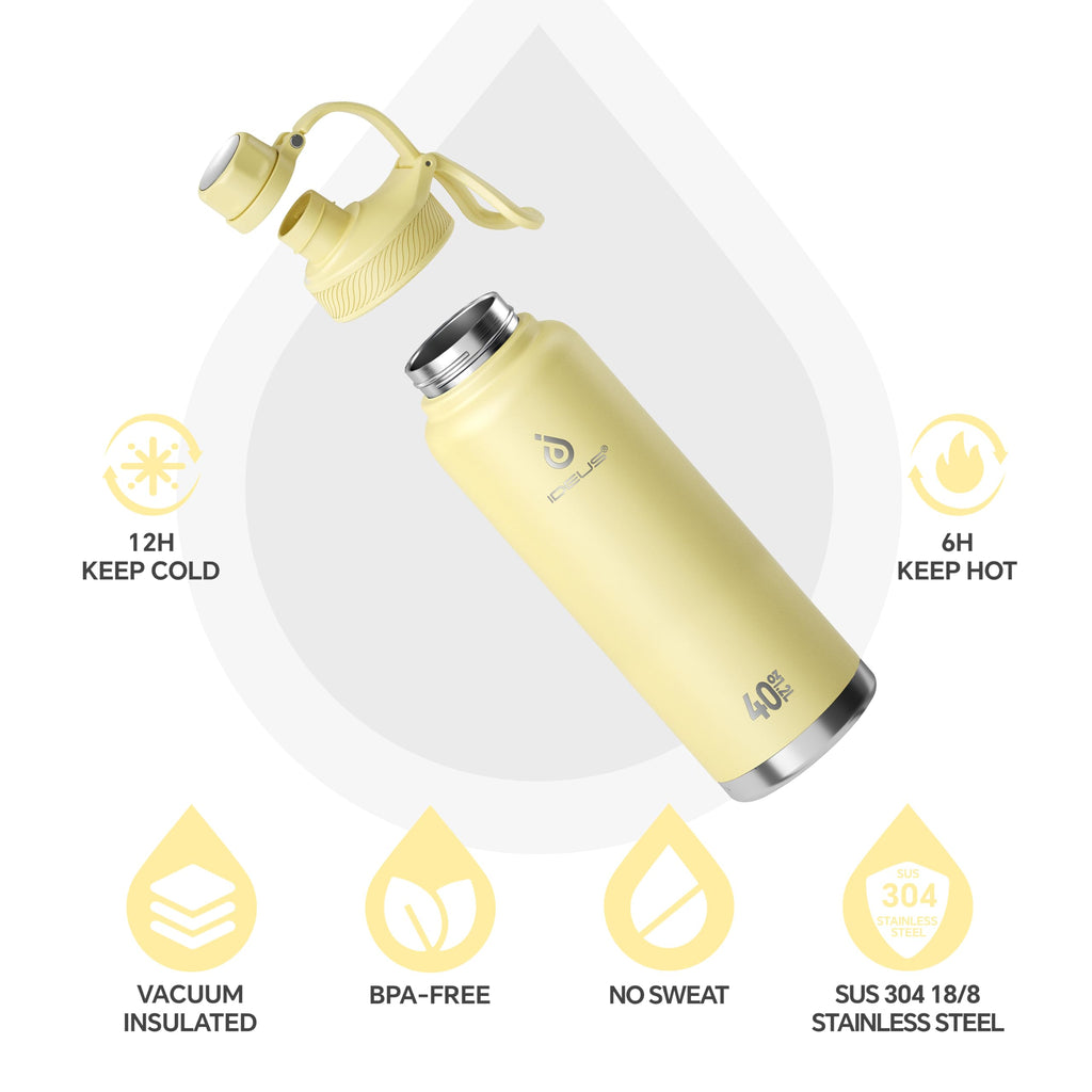 IDEUS 40oz Stainless Insulated Bottle with 2 Leak-Proof Lids, Light Yellow