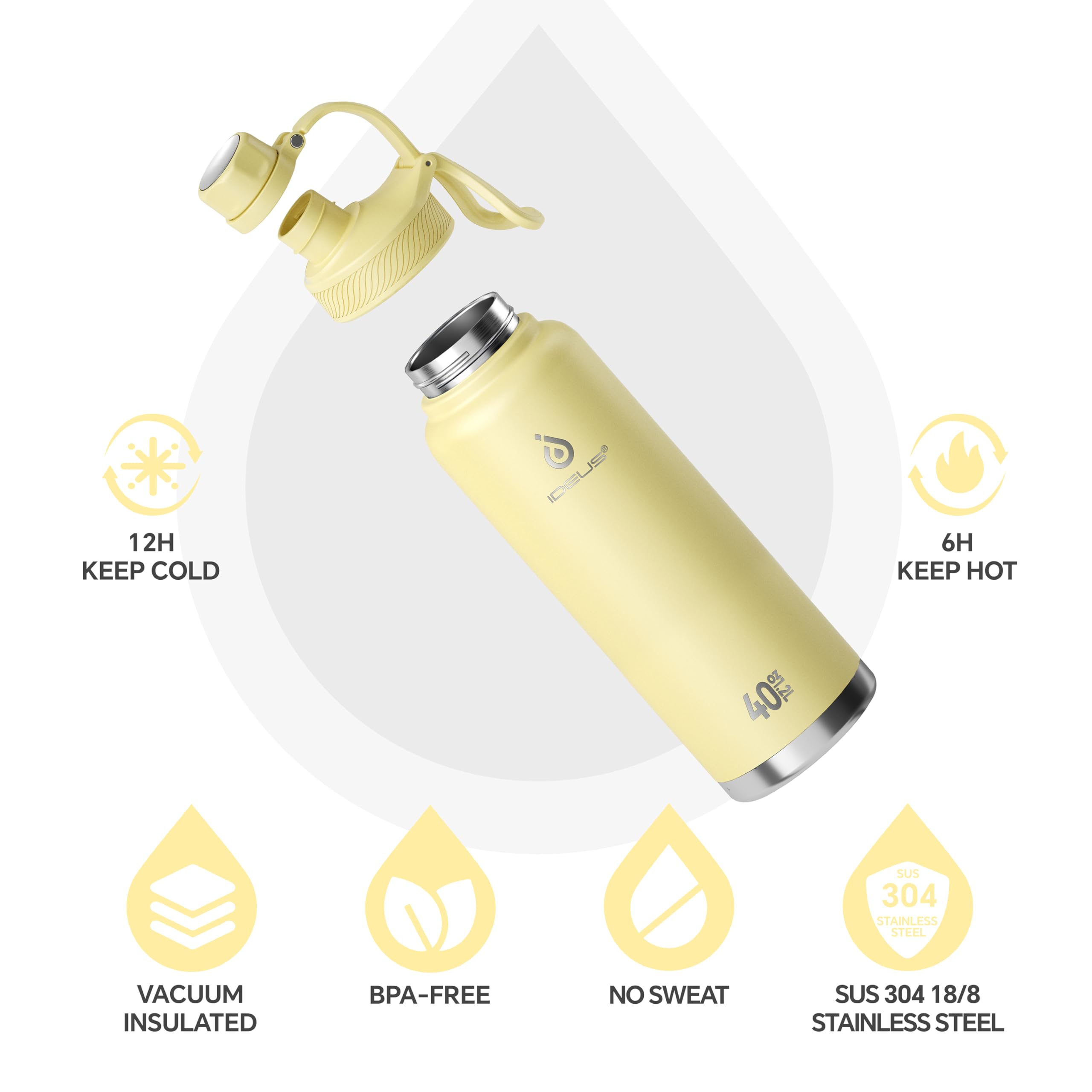 IDEUS 40oz Stainless Insulated Bottle with 2 Leak-Proof Lids, Light Yellow