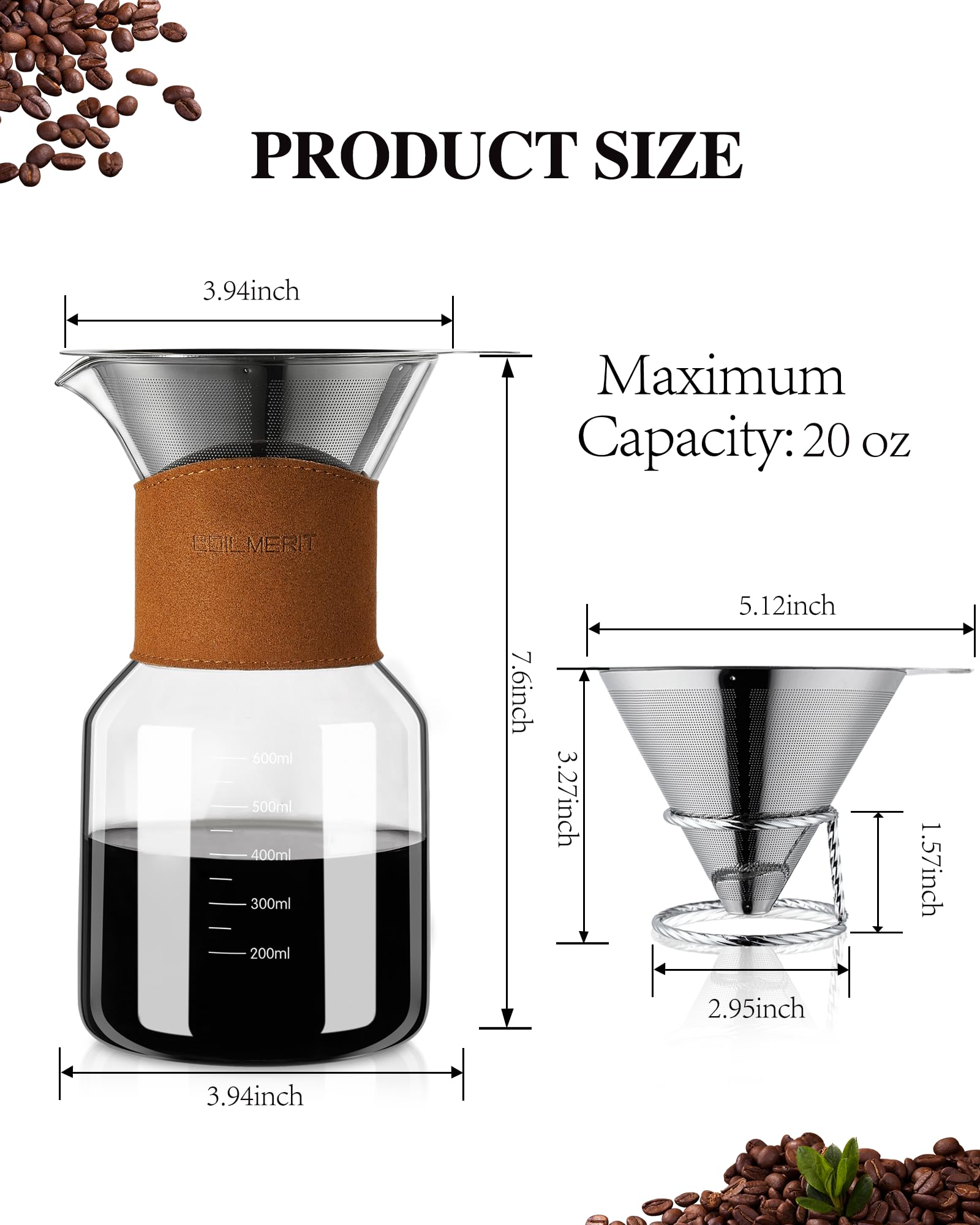 Pour Over Coffee Maker with Double-Layer Stainless Steel Filter, 20 oz Pour Over Coffee Dripper, Glass Carafe with Vintage Leather Collar and Cork Lid & Filter Stand for Espresso