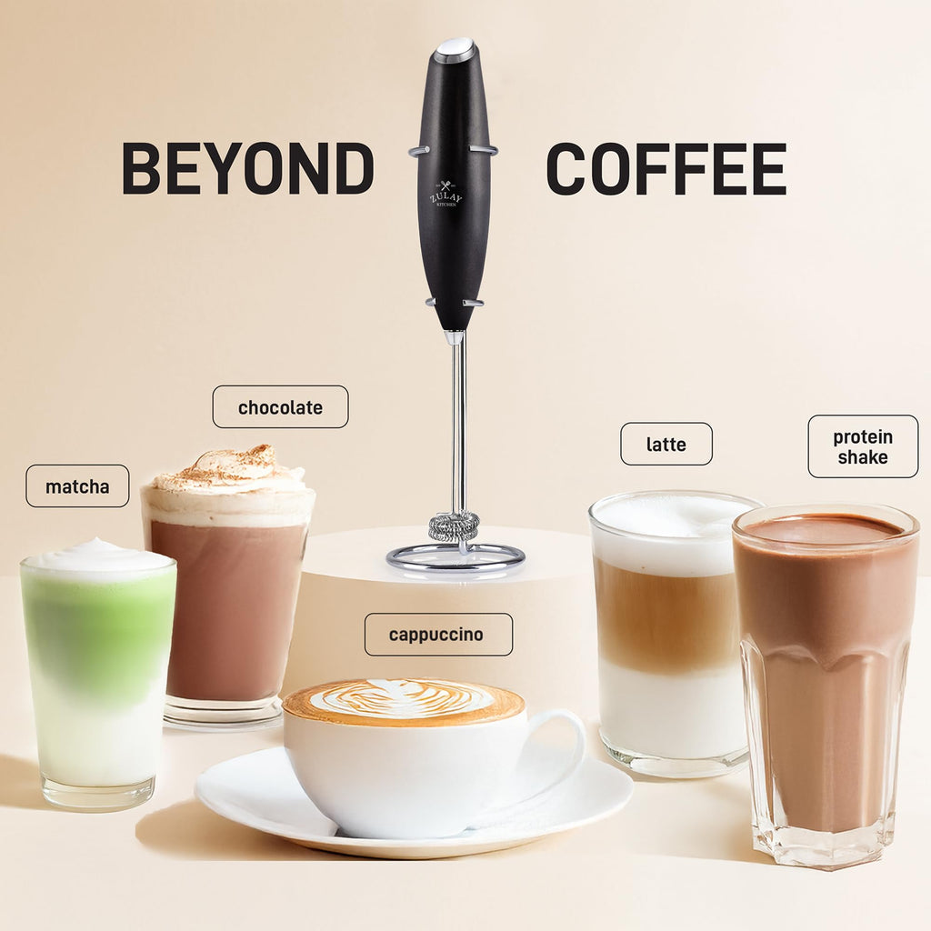 Zulay Kitchen Powerful Milk Frother Wand With Duracell Batteries - Ultra Fast Handheld Drink Mixer - Electric Whisk Foam Maker for Coffee, Lattes, Cappuccino & Matcha - Double Whisk - Metallic Black