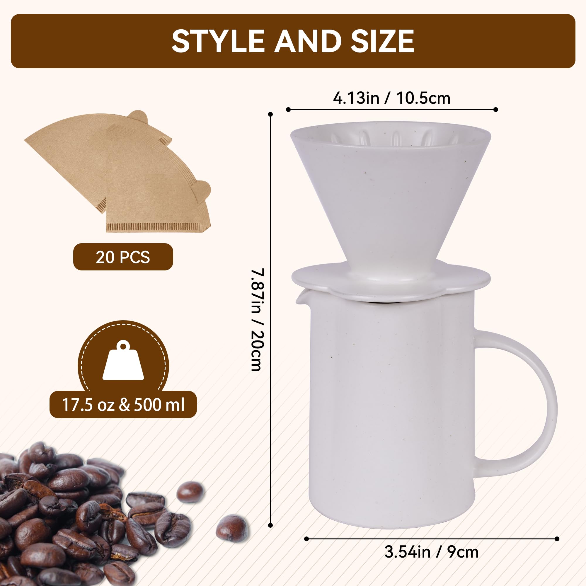 AZYM Pour Over Coffee Maker,V60 Coffee Dripper Set with 20 Count Paper Coffee Filters,Four-Leaf Clover-Shaped Drip Coffee Maker,Vintage Ceramic Carafe for Home Brewing Camping,17.5 oz (White)