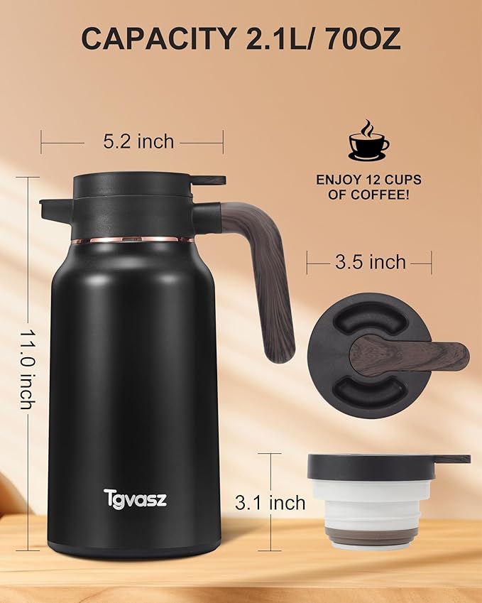 2 PCS Thermal Coffee Carafe 70 oz - 36 Hour Stainless Steel Carafes for Hot Liquids-Insulated Coffee Carafes For Keeping Hot/Cold Coffee, Tea, (Black+Silver)