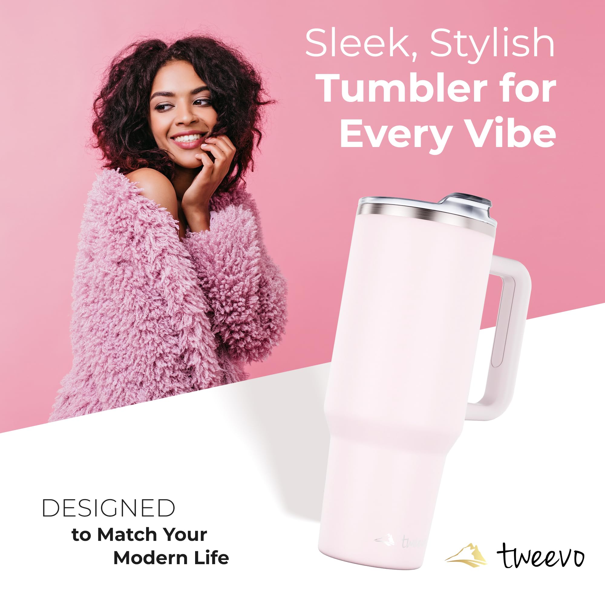 tweevo 40 oz Tumbler With Handle and Straw Made of Stainless Steel - Double Wall Vacuum Insulated Tumbler With Lid - Sweat Proof Easy Grip, BPA-Free, Dishwasher Safe Tumbler (Rose Quartz)