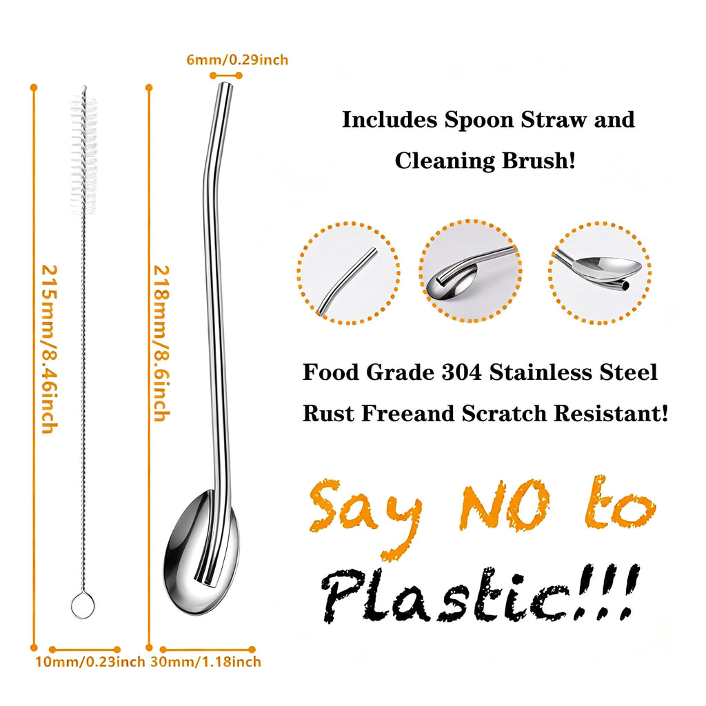 Sorfia 8pcs 2 in 1 Stainless Steel Straws Spoons with 2pcs Cleaning Brushes