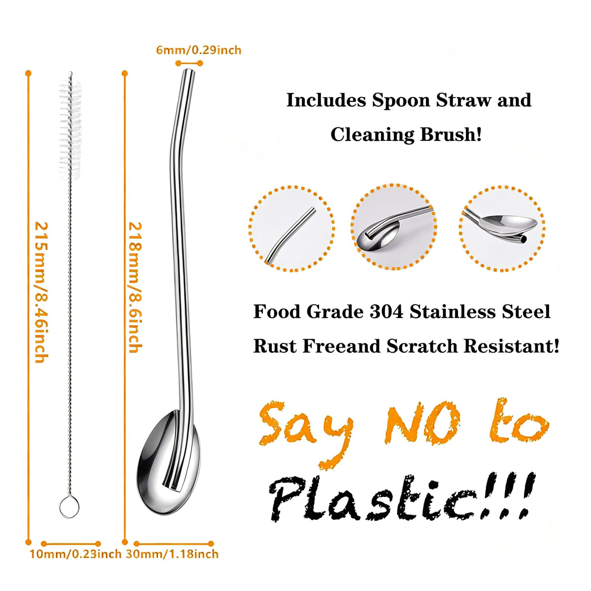 Sorfia 8pcs 2 in 1 Stainless Steel Straws Spoons with 2pcs Cleaning Brushes