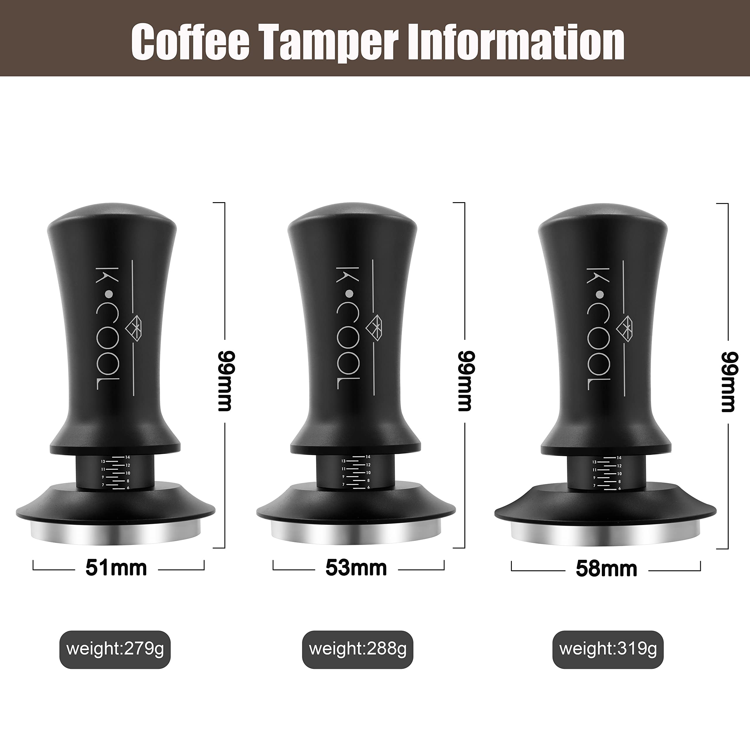 K COOL 51mm Coffee Espresso Tamper, Premium Barista Tools, Calibrated Spring Tamper, 100% Stainless Steel Flat Base Tamper with Scale Mark for Espresso Machine (Black)