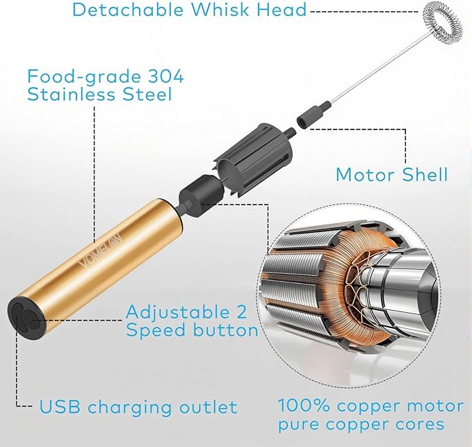 Rechargeable Milk Frother Handheld Electric Frother Wand Milk Foamer Drink Mixer for Coffee, Lattes, Cappuccino, and Egg, Stainless Steel for Travel-Golden