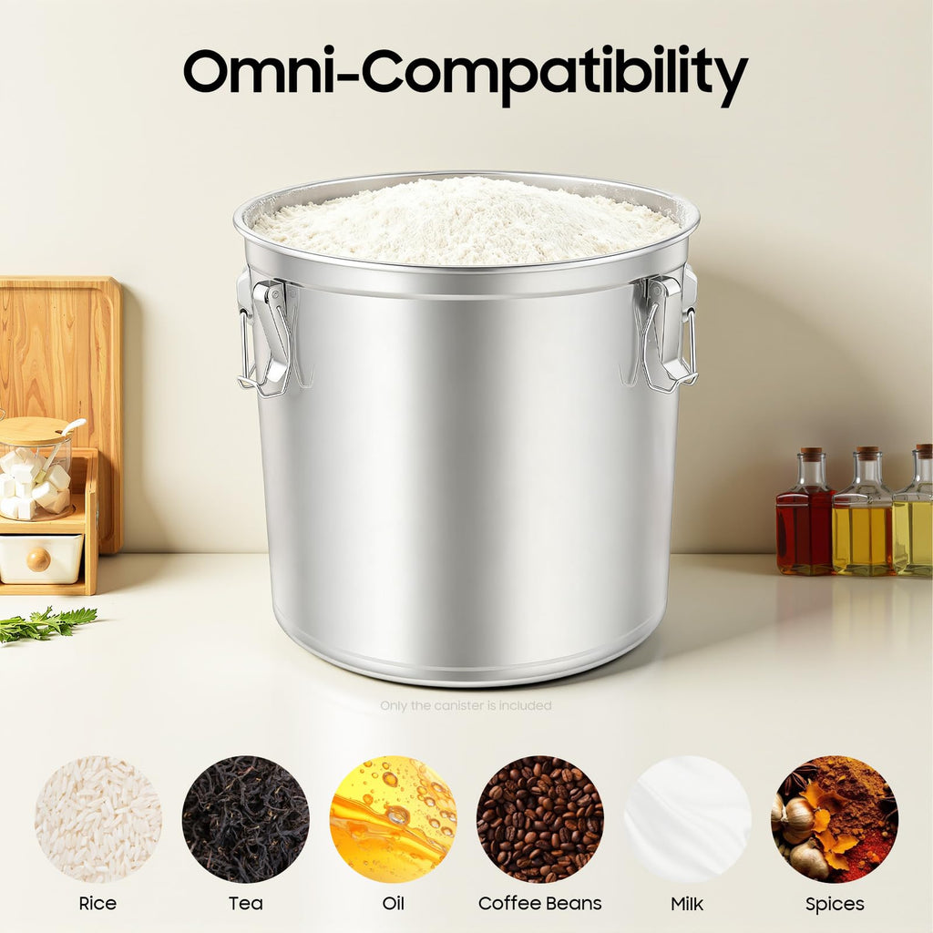 PERFERATE 304 Stainless Steel Airtight Canister 6L/12L Food Storage Bucket with Lids and Sturdy Locking Clamp Metal Cereal Rice Storage Container for Flour, Coffee Bean, Sugar, Cookie (48L)