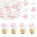 Gyufise 50Pcs Pink Edible Cupcake Cake Toppers Snowflake Cake Decorations for Christmas Winter Frozen Theme Party Supply Decoration Pink White