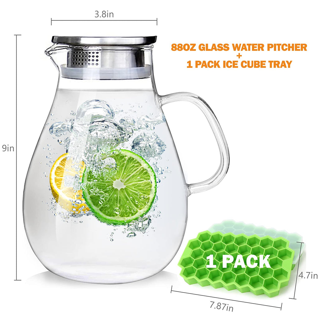 Abdodar 88oz Glass Pitcher with Lid and Handle - High Heat Resistance Glass Water Pitcher for Hot/Cold Water & Iced Tea with Ice Tray (2.6L)