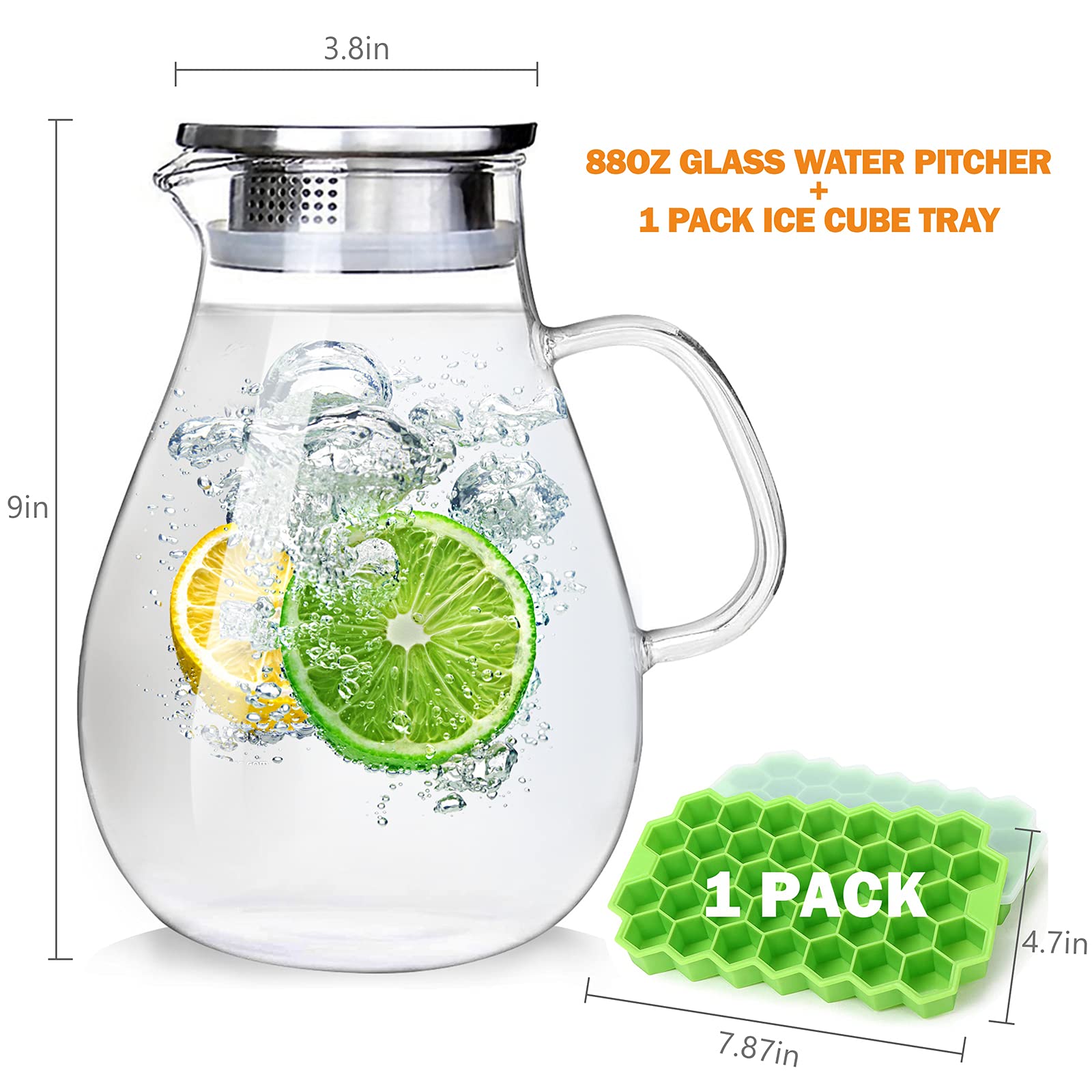 Abdodar 88oz Glass Pitcher with Lid and Handle - High Heat Resistance Glass Water Pitcher for Hot/Cold Water & Iced Tea with Ice Tray (2.6L)