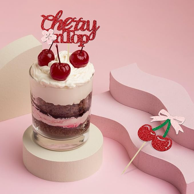 24 Pack She's the Cherry On Top Cupcake Toppers, Glitter Cherry Sweet Cake Pick for Fruits Theme Baby Shower and Bridal Shower Decorations Supplies (Top)