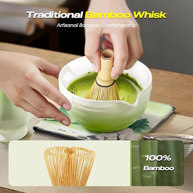 Matcha Whisk Set - 8 Pcs Tea Set with Bamboo Whisk and Holder, Ceramic Bowl, Bamboo Scoop and Spoon,Scoop Rest, Sifter & Tea Towel, Japanese Home Matcha Kit for Authentic Ceremony (Green)