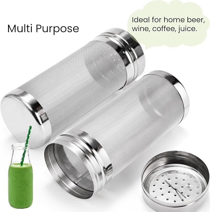 Tlence 2 Pack Beer Dry Hopper Filters, 2.8 x 7 inch 300 Micron Mesh Hop Strainer with Lid, Stainless Steel Beer Hop Spider with Nylon Bristles, Brewing Filters Straining Keg for Home Coffee Wine Juice