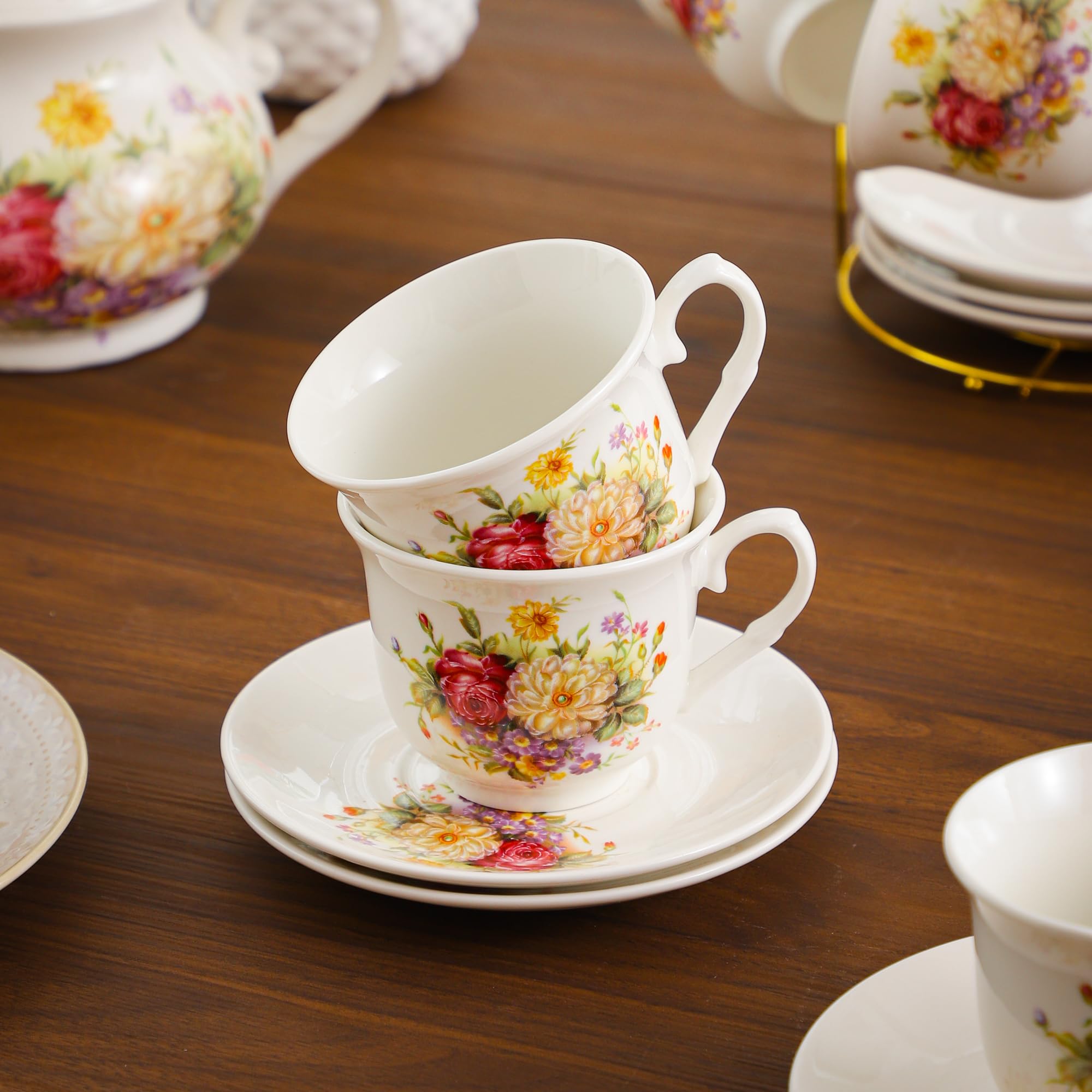20-Pieces Porcelain Tea Sets For Women, Tea Set For Adult with Golden Metal Rack,Tea Gift Sets for Home&Party(012)