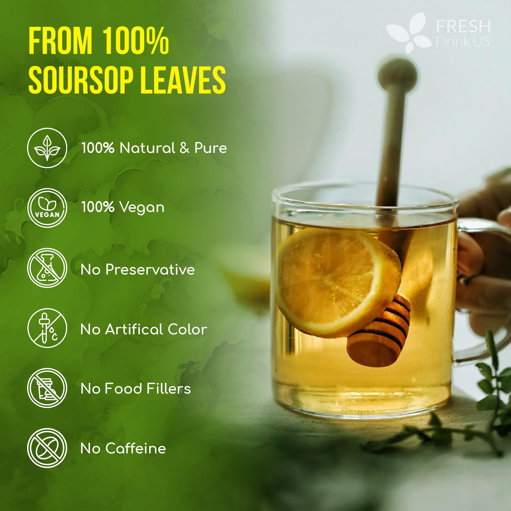 FreshDrinkUS, Premium 10 Soursop Graviola Leaf Tea Bags, 100% Natural & Pure from Soursop Leaves, Hoja Guanabana Herbal Tea. Made with Natural Material Tea Bags. No Sugar, No Caffeine, Vegan.