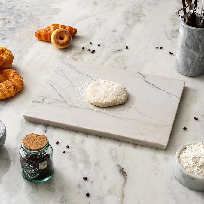 Koville Marble Pastry Board Cutting Boards for Kitchen Counter, 16" x 12" Natural White Marble Cutting Board Cheese Board, Stone Charcuterie Slab, Heat Resistant Rectangular Serving & Chopping Slab