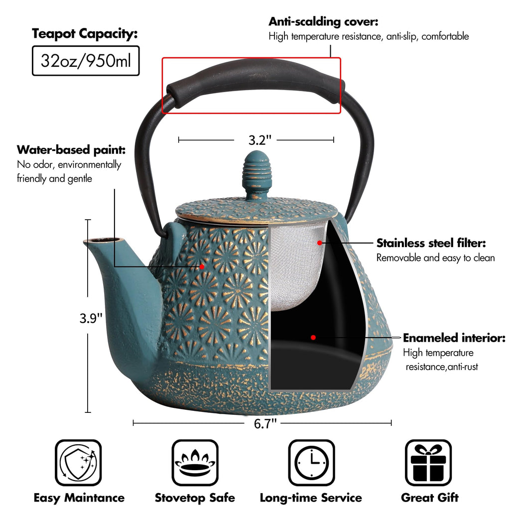 GUANGHEIRON Cast Iron Teapot, 32oz Tea Kettle with Infuser for Stove Top, Sakura Blossom Pattern Japanese Tea Pot for Tea & Coffee Coated with Enameled Interior, Silicone Handle 950ml Blue