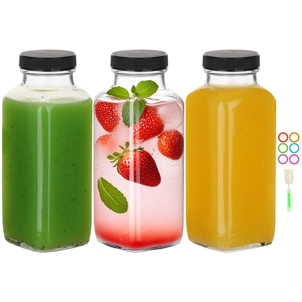 12 oz 3 Pack Glass Juice Bottles with Lids, Drinking Jars for Juicing