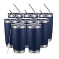COMOOO 20oz/8Pack Double Wall Vacuum Insulated Coffee Travel Mug Stainless Steel Tumbler Bulk with Lid and Straw Durable Powder Coated Insulated Coffee Cup for Cold & Hot Drinks, Navy, 8 Pack