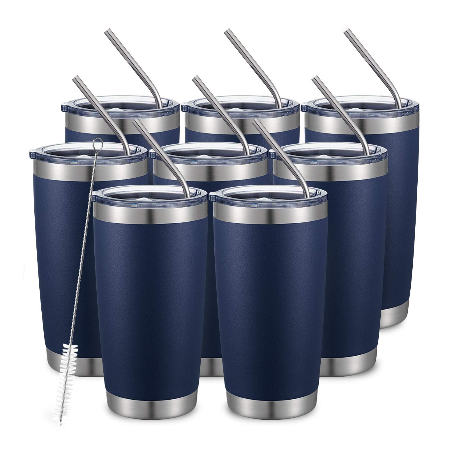 COMOOO 20oz/8Pack Double Wall Vacuum Insulated Coffee Travel Mug Stainless Steel Tumbler Bulk with Lid and Straw Durable Powder Coated Insulated Coffee Cup for Cold & Hot Drinks, Navy, 8 Pack