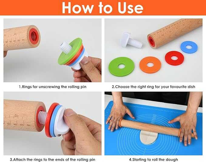 Rolling Pin with 4 Adjustable Thickness Rings and Long Handle 13.6 Inch Wooden Dough Roller for Baking, Dough, Cookie, Cake, Fondant, Pizza and Pie Crust