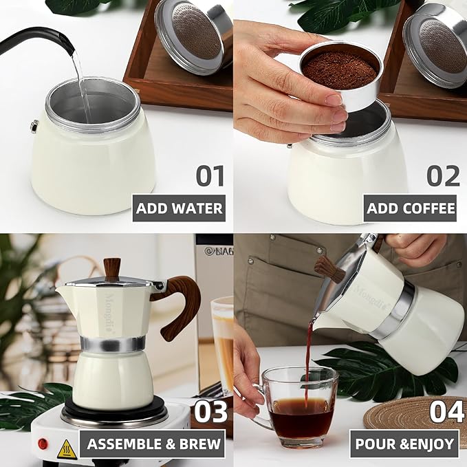 Mongdio Stovetop Espresso Maker Moka Pot, Cuban Coffee Maker Stove top coffee maker Moka Italian Espresso Greca Coffee Maker Brewer Percolator, 6 Espresso Cups, 10 oz - White