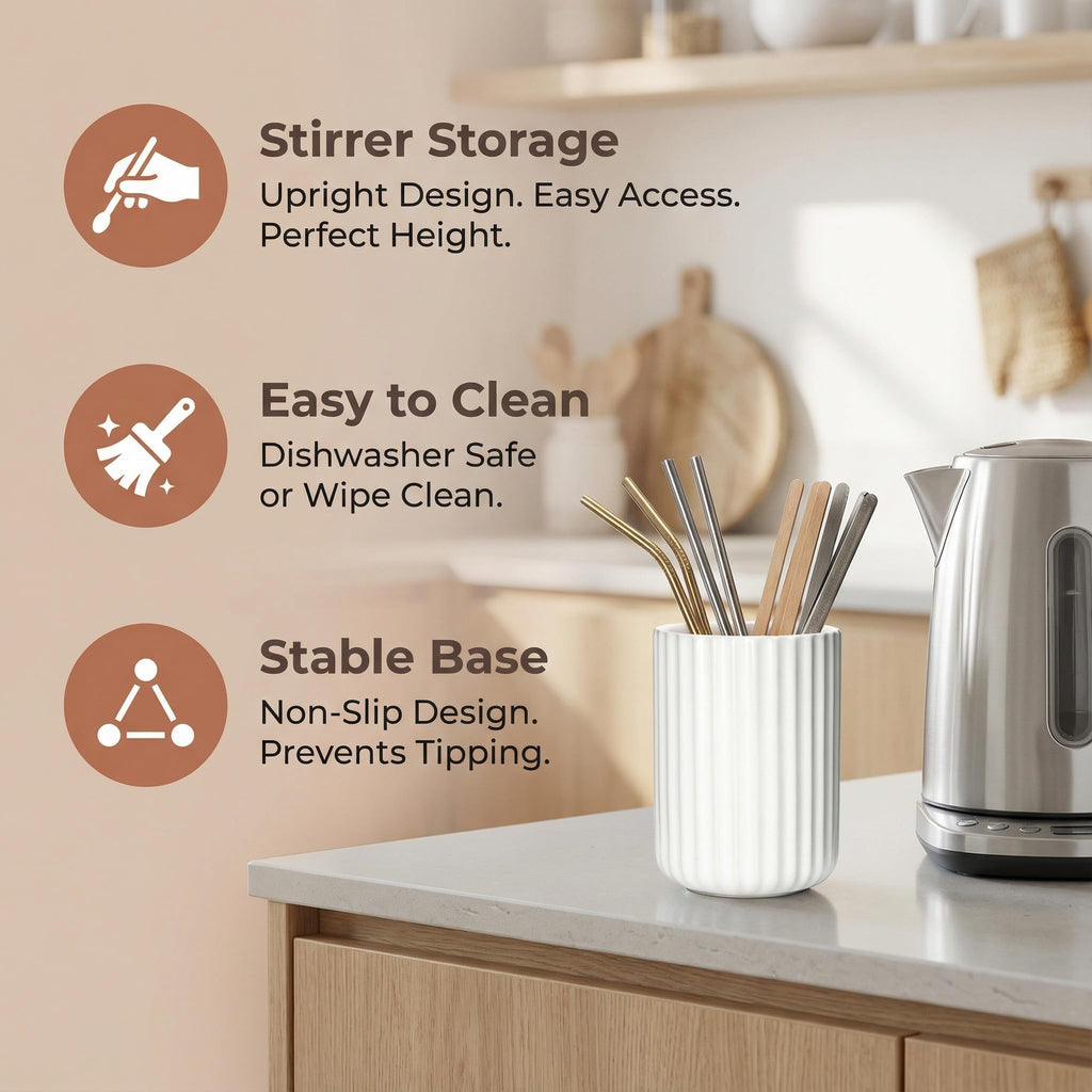 U-TIMES Ceramic Spoon Holder for Coffee Bar, Upright Tea Spoon Holder Cup, Coffee Stirrers Straws Stir Stick Holder, Cement Grey Fluted Surface