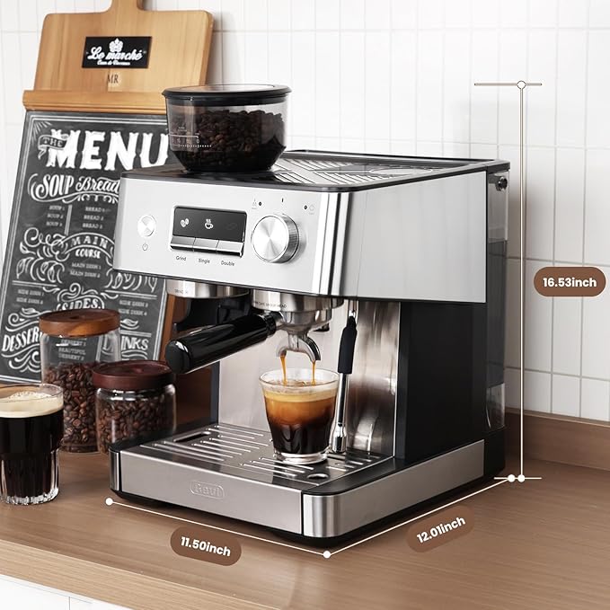 Gevi Espresso Machine with Grinder & Milk Frother, 20 Bar Professional Coffee Maker for Home, Removable Water Tank, Steam Wand, Perfect for Espresso, Cappuccino, Latte
