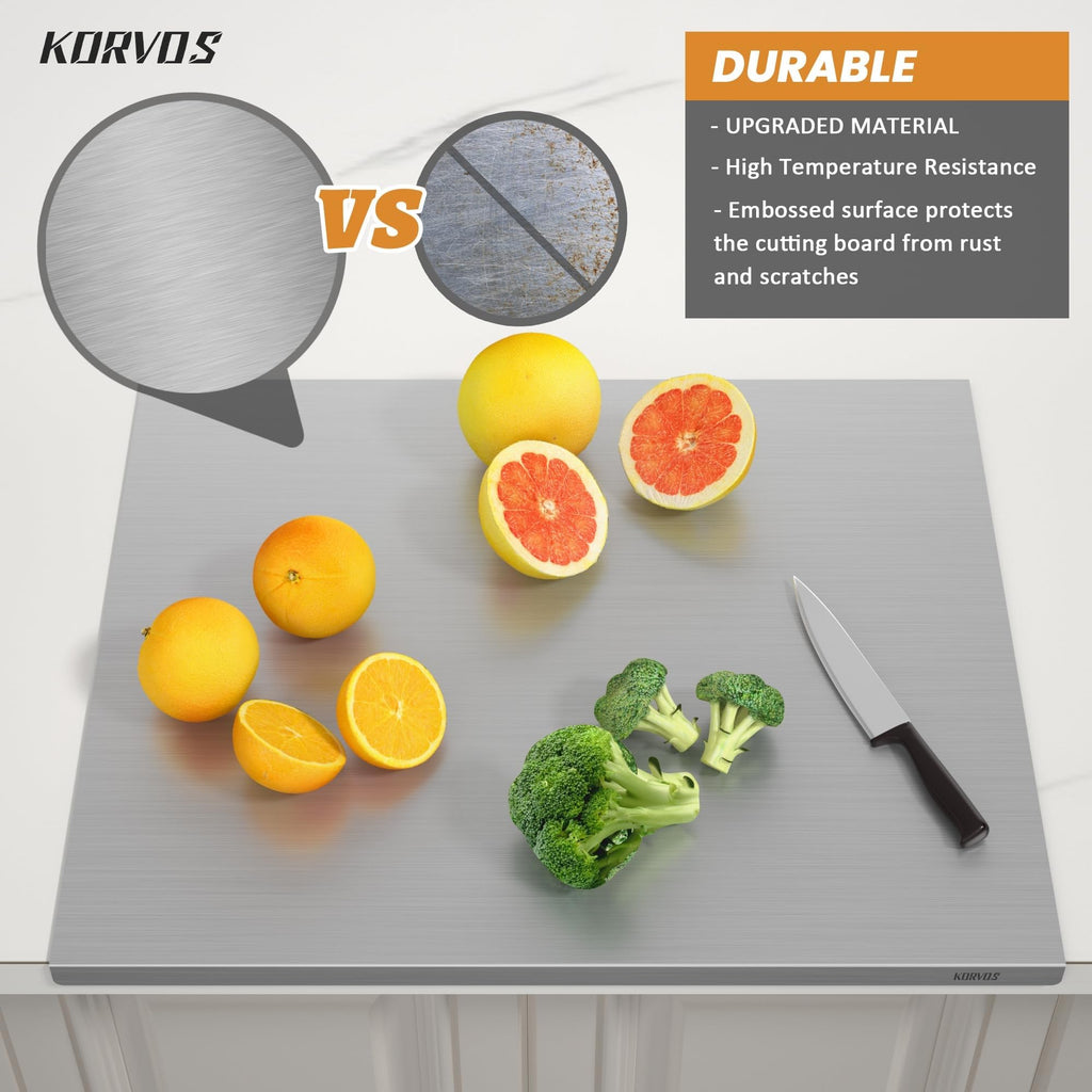 KORVOS Stainless Steel Cutting Board, 15.7" x 11.8" Double-Sided Cutting Boards for Kitchen, Metal Chopping Board with Lip&Non-Slip Mat, Easy to Clean, Suitable for Meat Fruits & Baking
